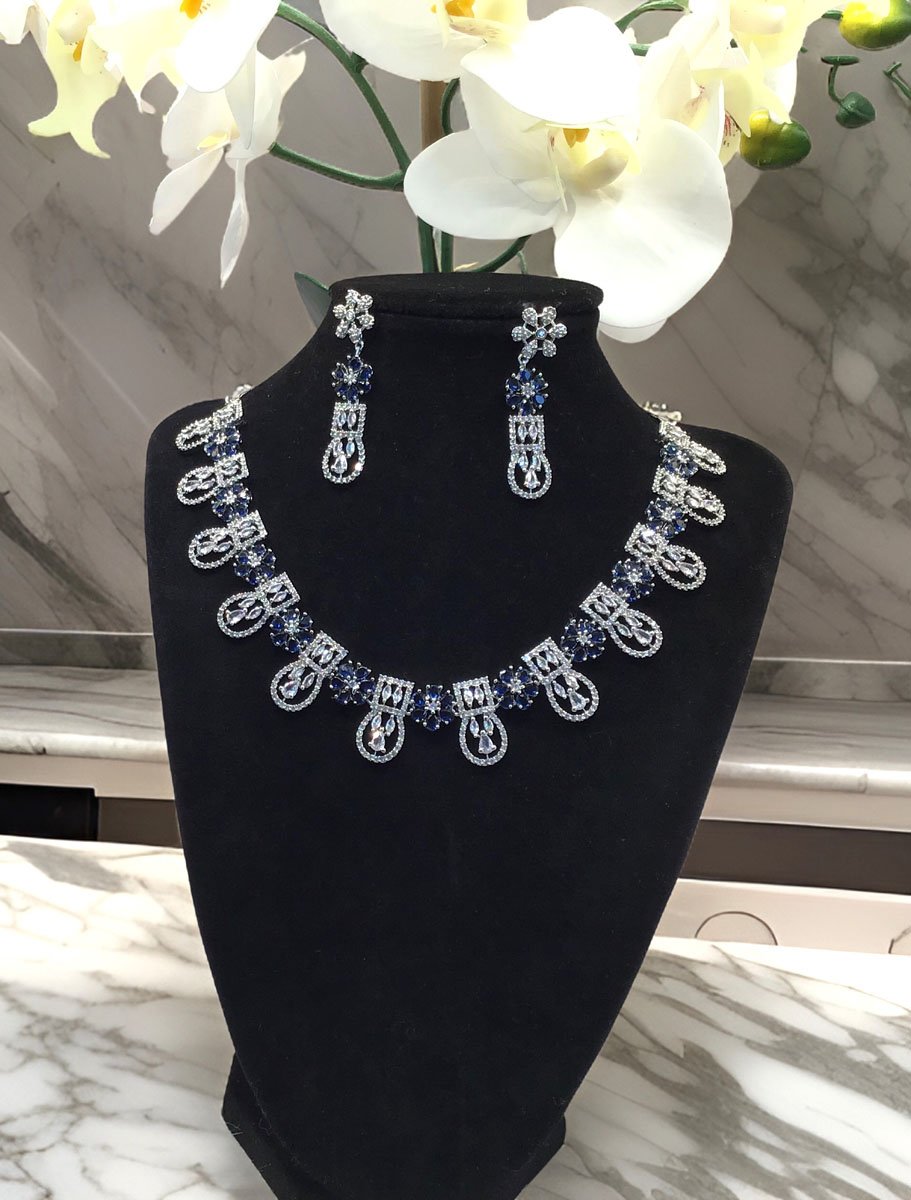 Sapphire Blue American Diamond CZ Necklace Set