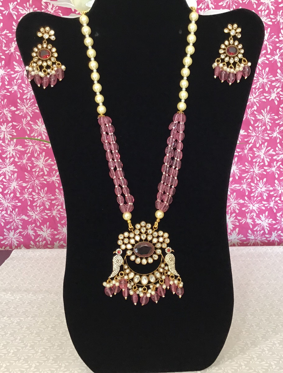 Peacock Design Long Kundan Necklace With Earrings