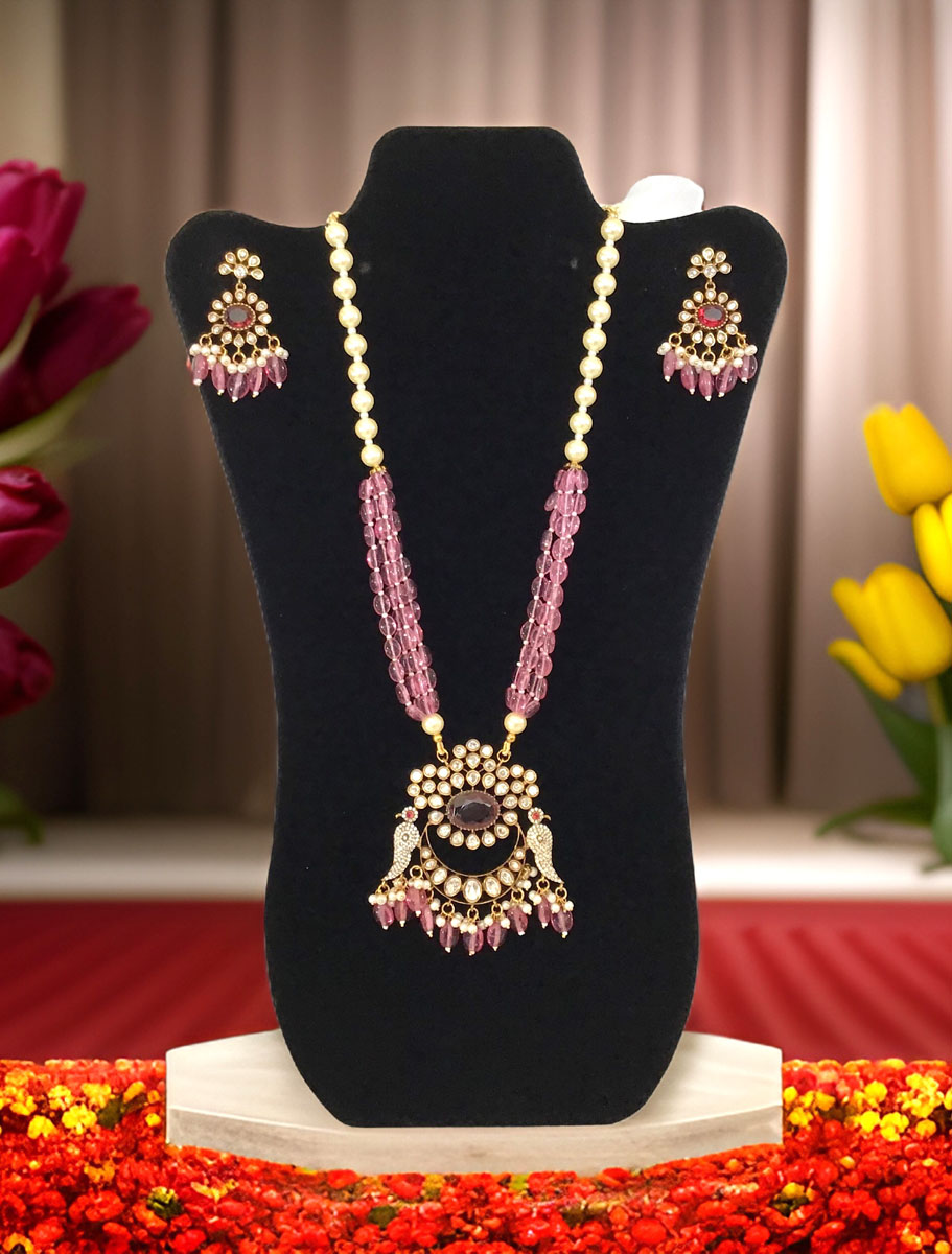 Peacock Design Long Kundan Necklace With Earrings