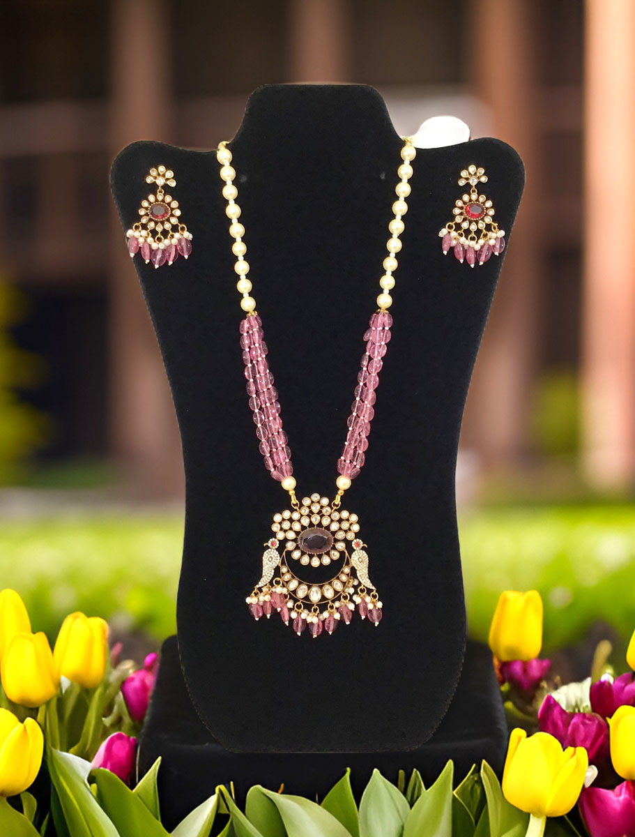 Peacock Design Long Kundan Necklace With Earrings