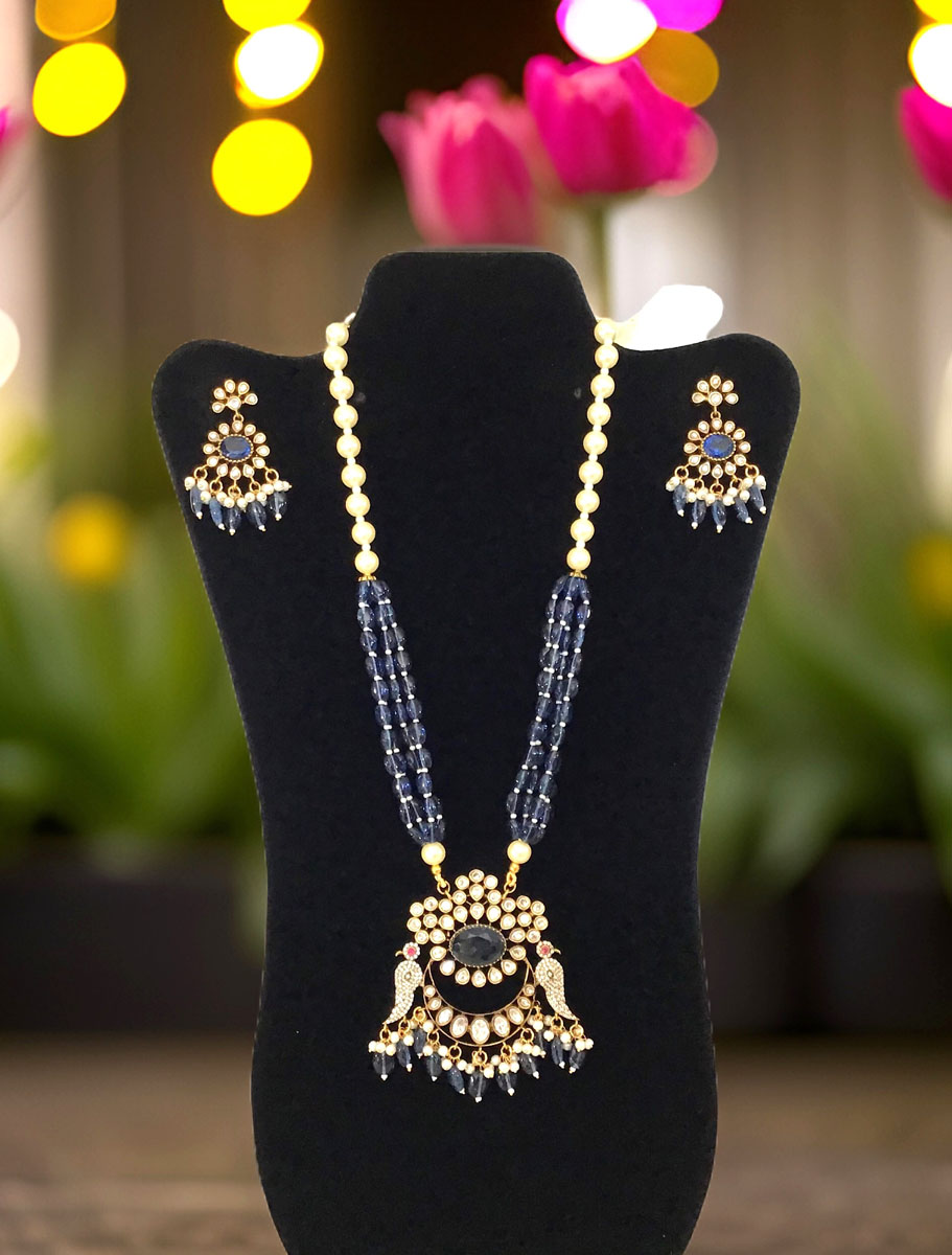 Peacock Design Long Kundan Necklace With Earrings