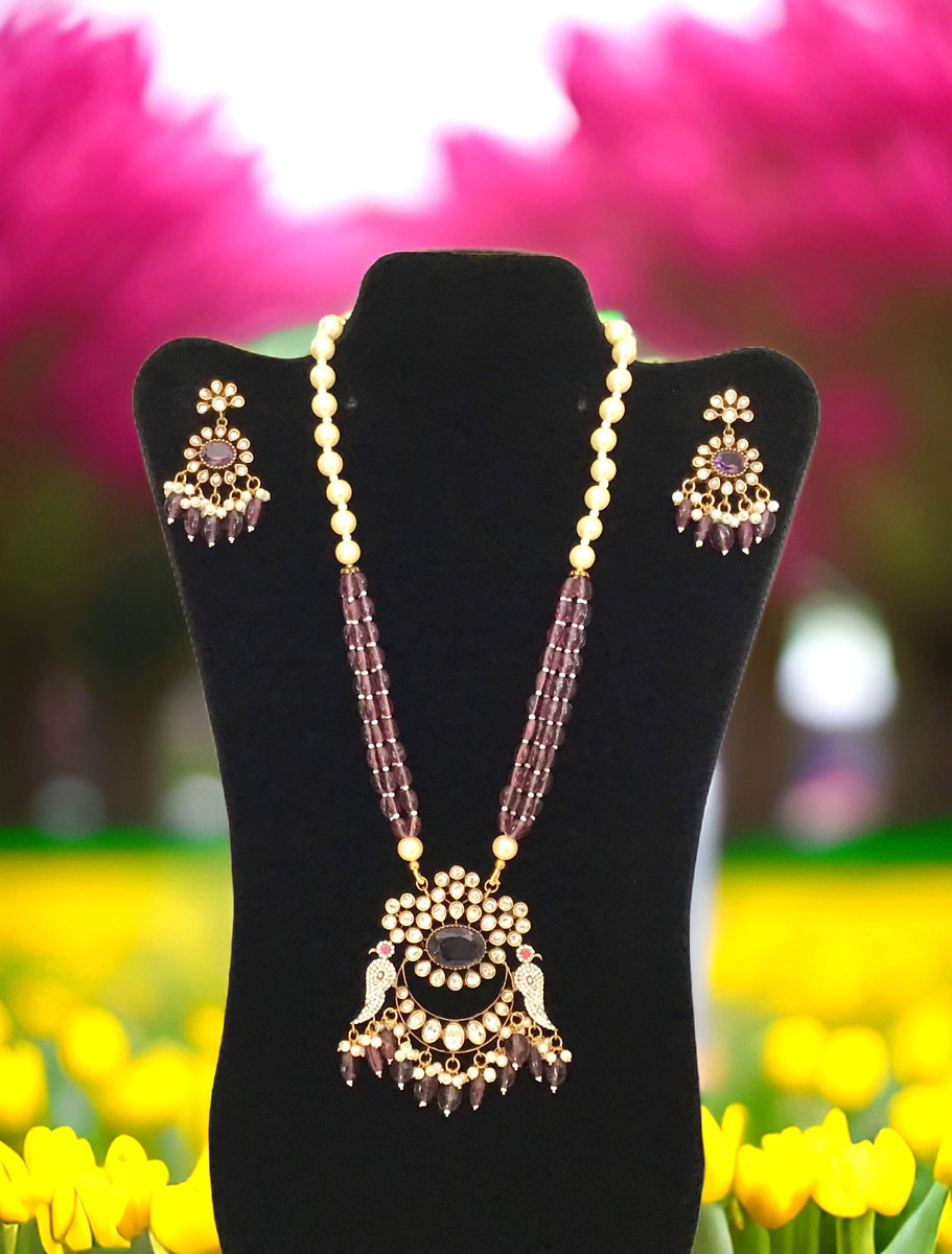 Peacock Design Long Kundan Necklace With Earrings