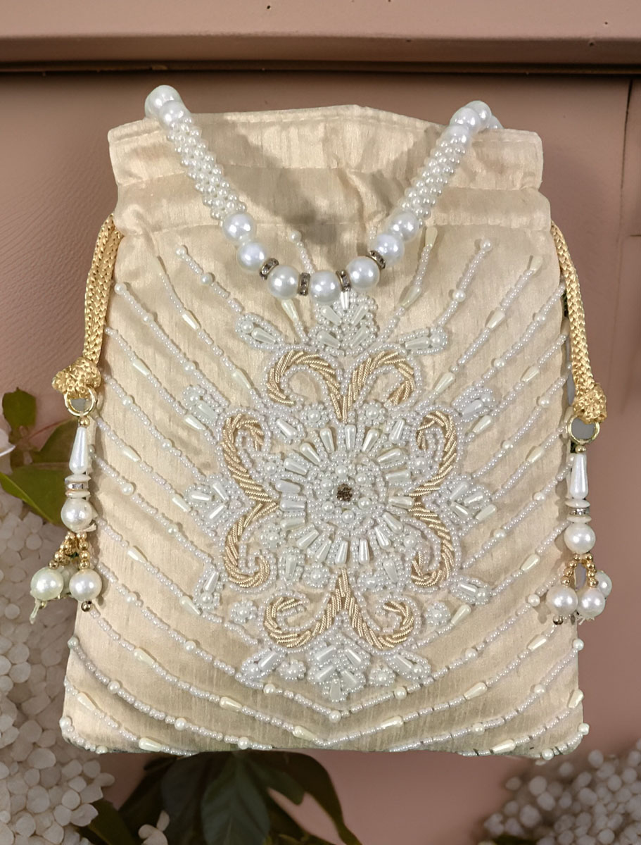 Handmade Pearl Zardosi Embroidered Potli Bag