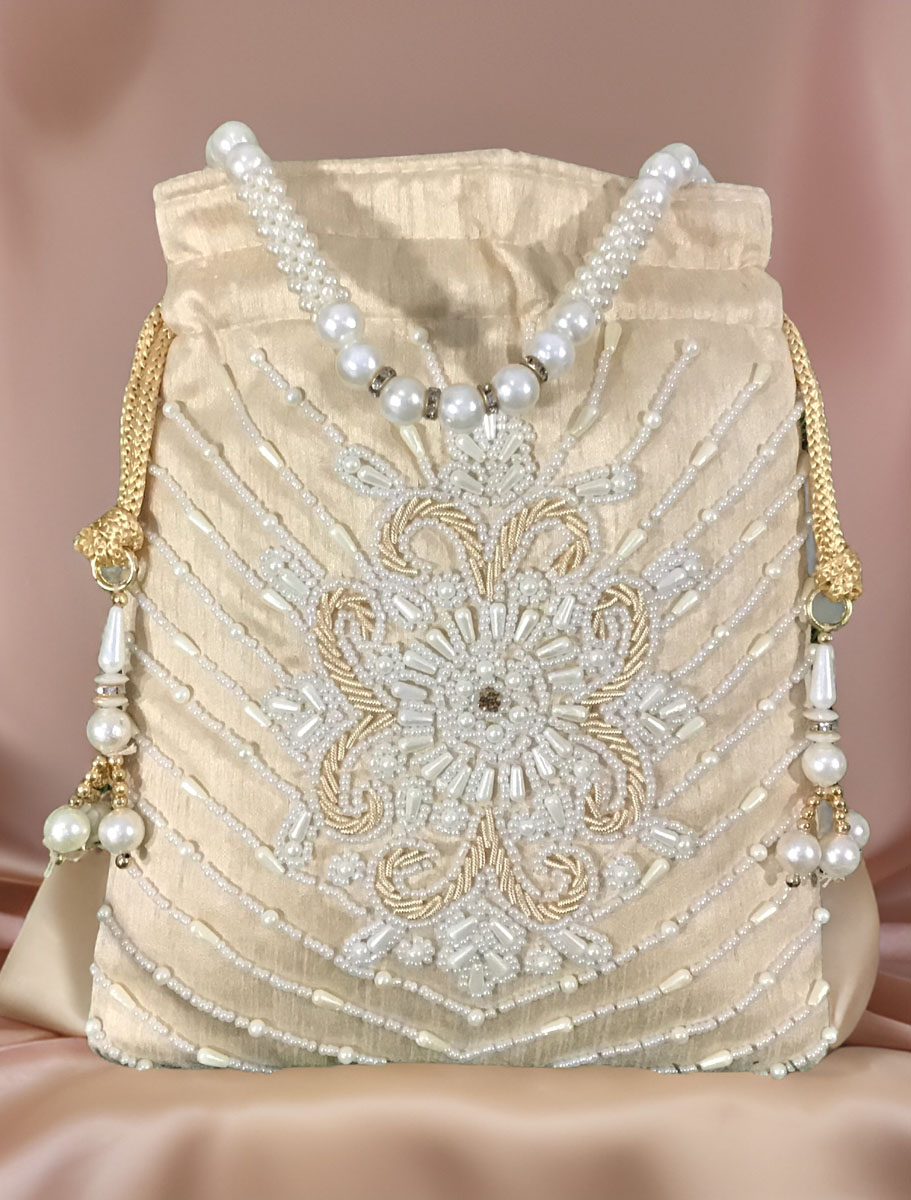 Handmade Pearl Zardosi Embroidered Potli Bag