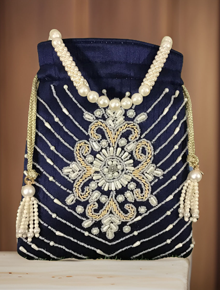 Handmade Pearl Zardosi Embroidered Potli Bag