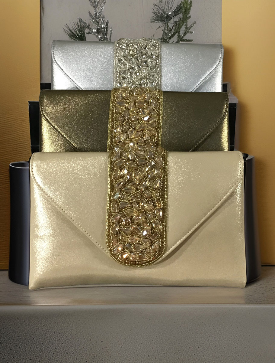 Crystal Embellished Metallic Leather Envelope Clutch Purses