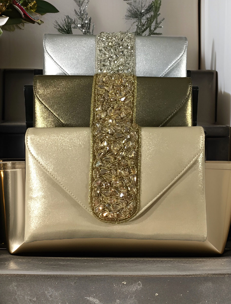 Crystal Embellished Metallic Leather Envelope Clutch Purses