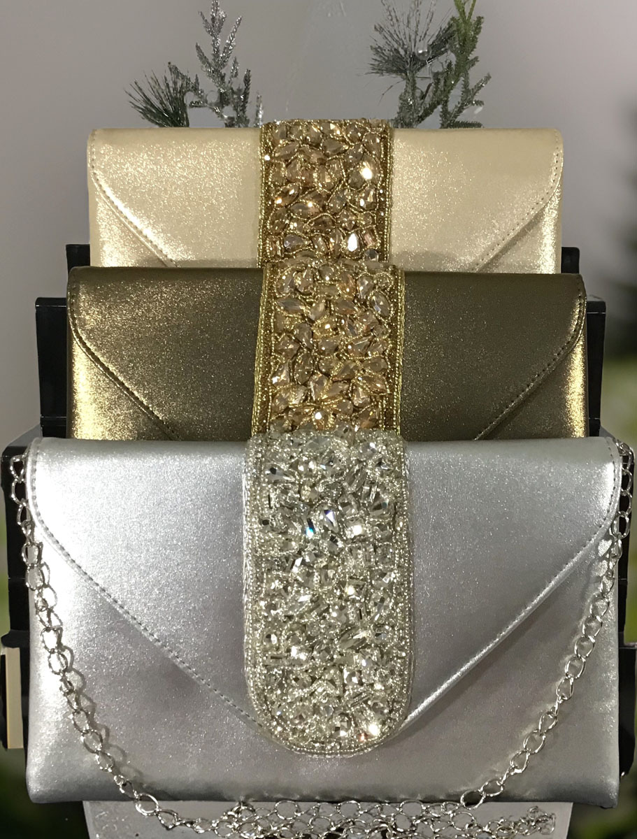 Crystal Embellished Metallic Leather Envelope Clutch Purses