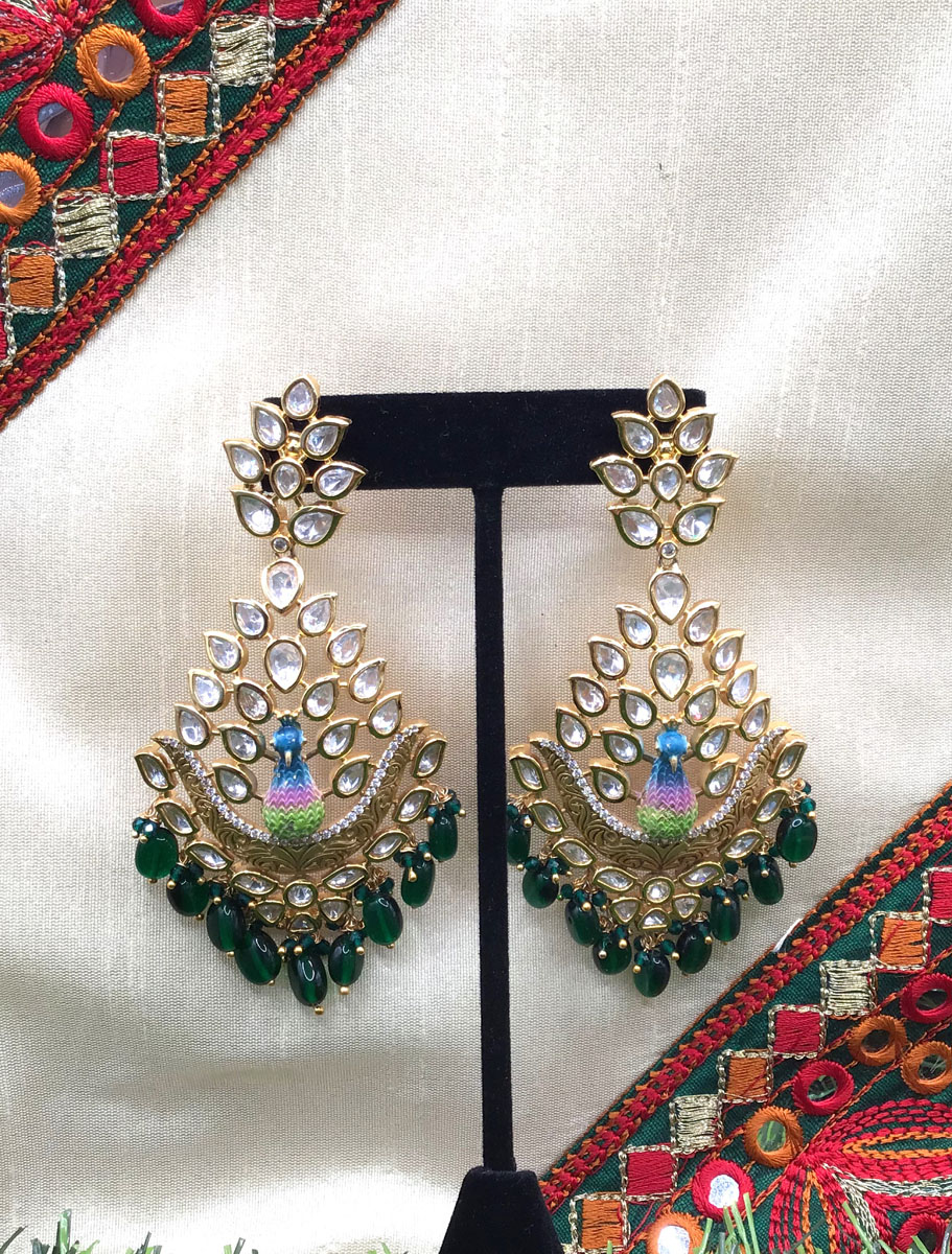 Fancy Peacock Kundan Long Earrings