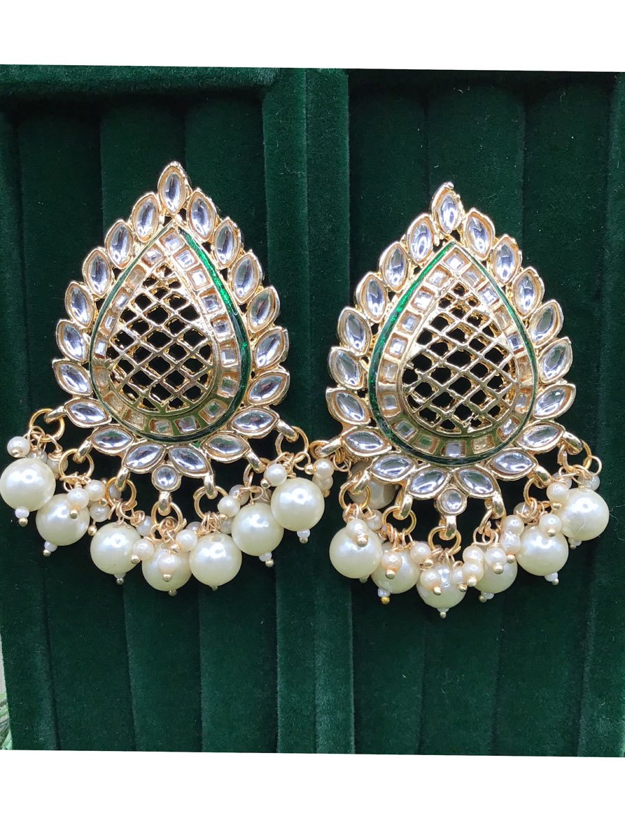 Paan shaped Green Kundan Meenakari Earrings