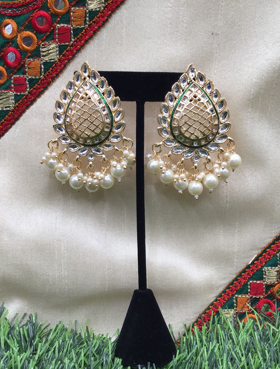 Paan shaped Green Kundan Meenakari Earrings