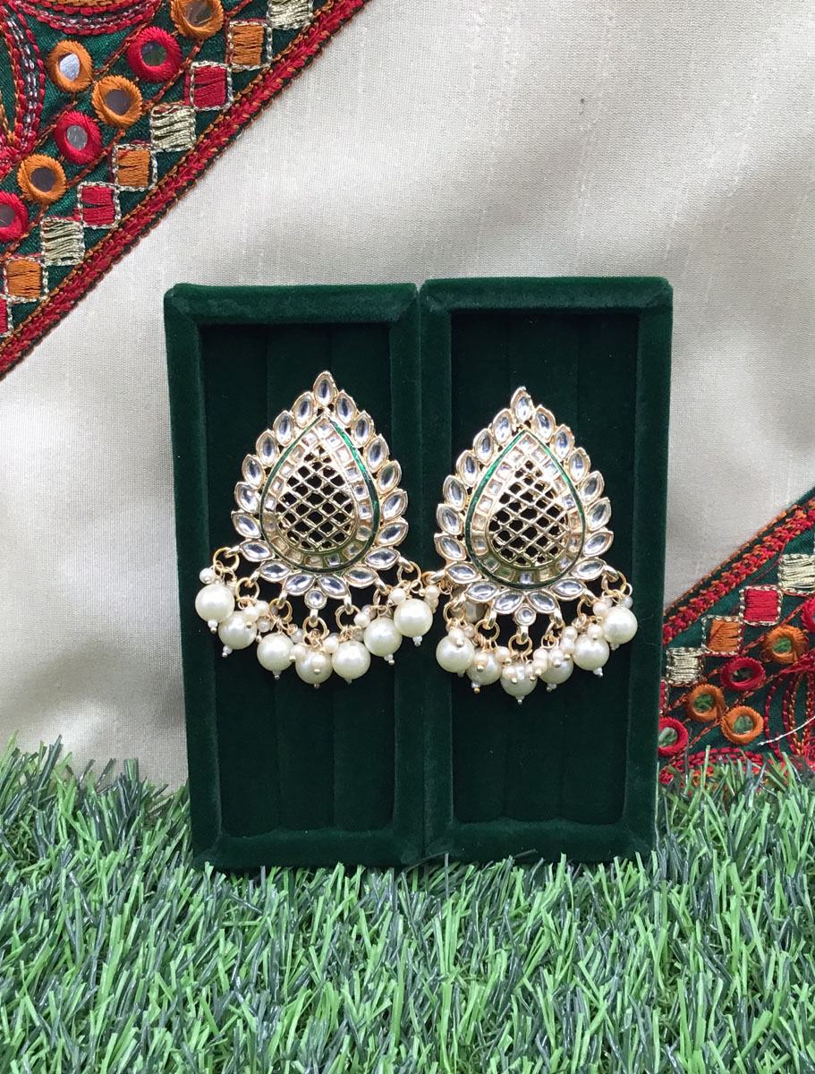 Paan shaped Green Kundan Meenakari Earrings