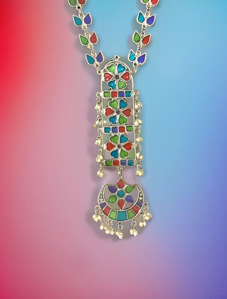 Multicolor Stone Oxidized Silver Long Necklace With Earrings