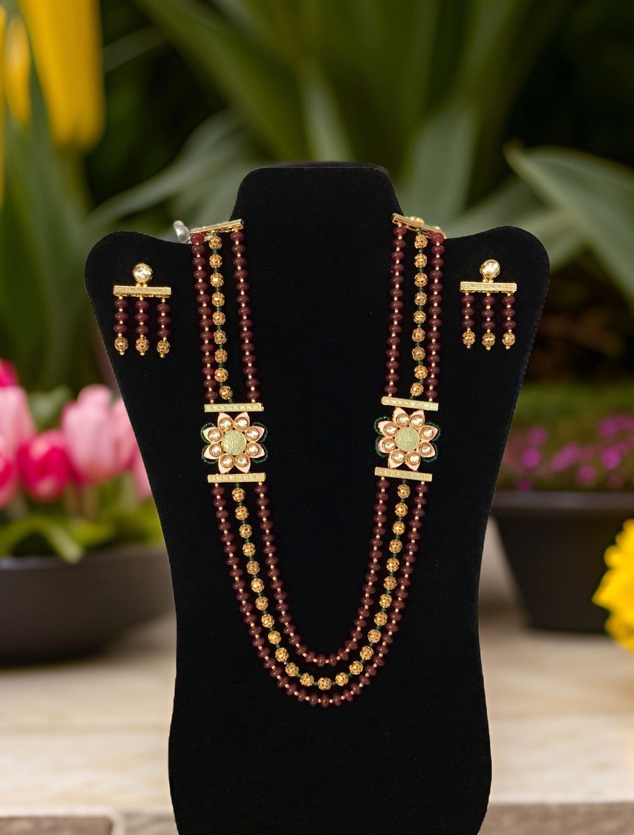 Golden/Maroon Beads Fancy  Mala With Earrings