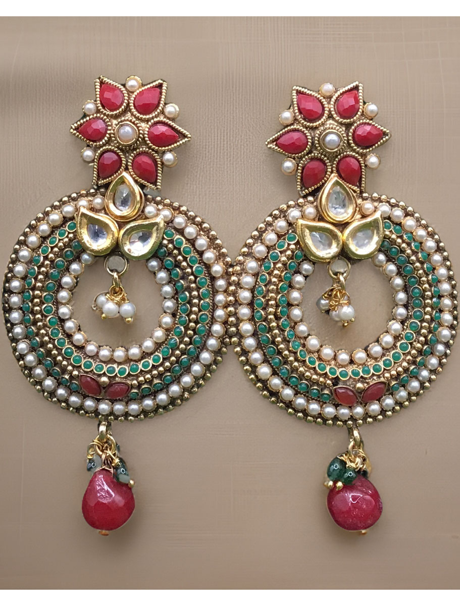 Antique Traditional Style Round Shaped Long Kundan Earrings