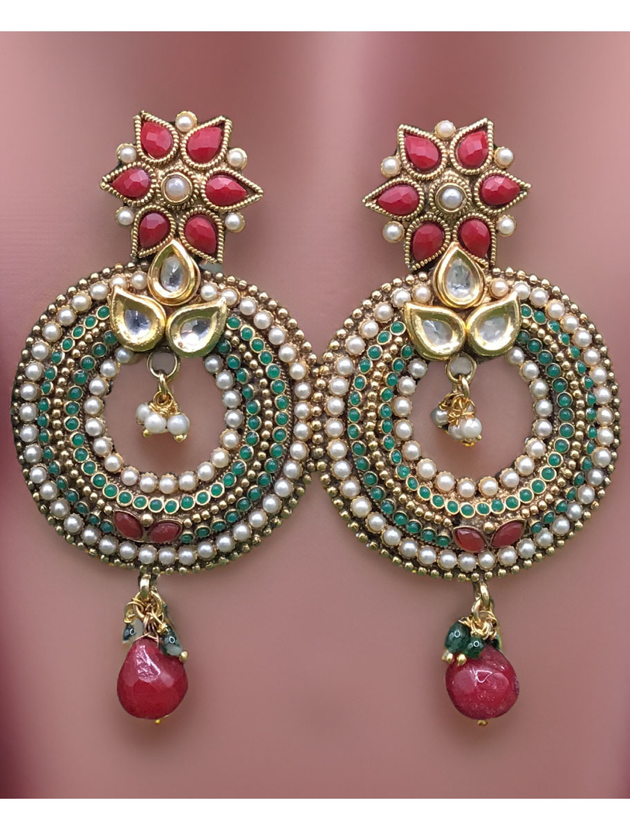 Antique Traditional Style Round Shaped Long Kundan Earrings