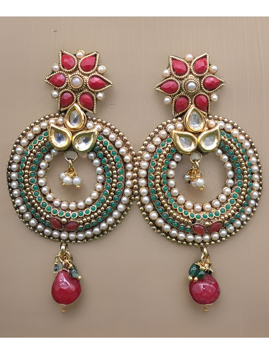 Antique Traditional Style Round Shaped Long Kundan Earrings