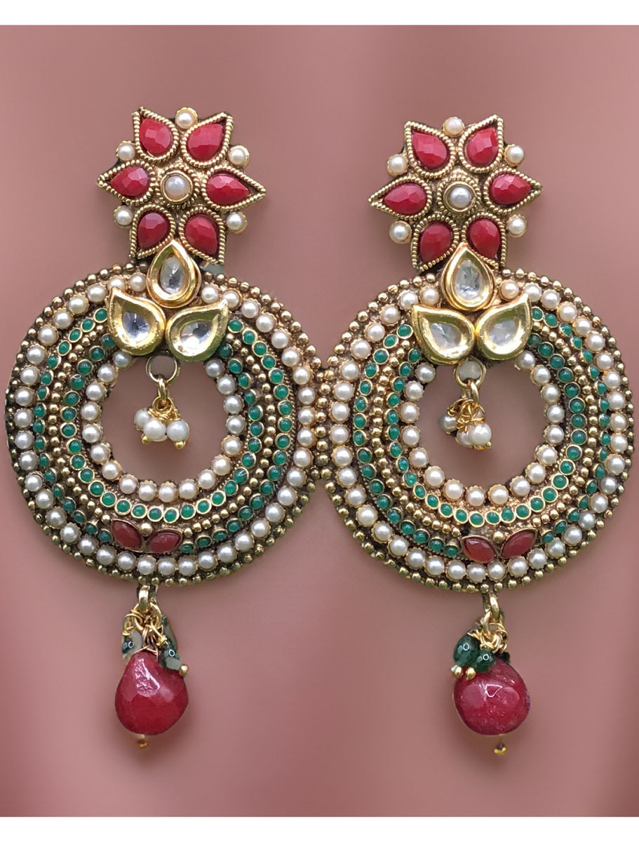 Antique Traditional Style Round Shaped Long Kundan Earrings