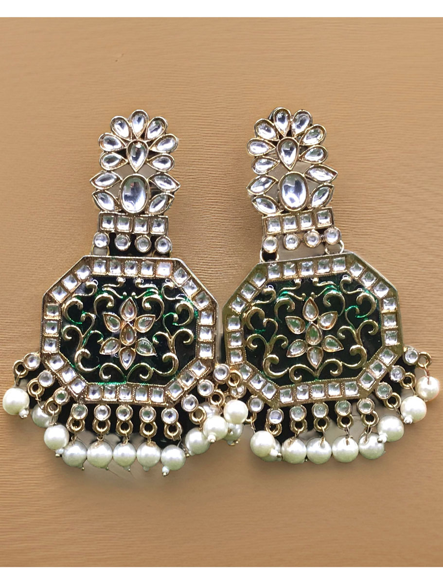 Fancy Polki Kundan Long Earrings with Meenakari Polish