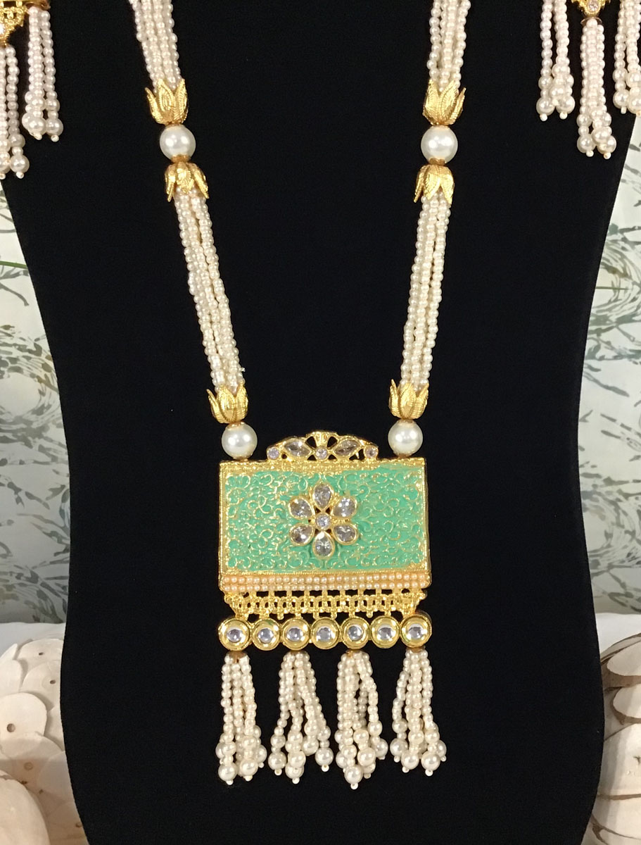 Mint green meenakari long necklace/mala set