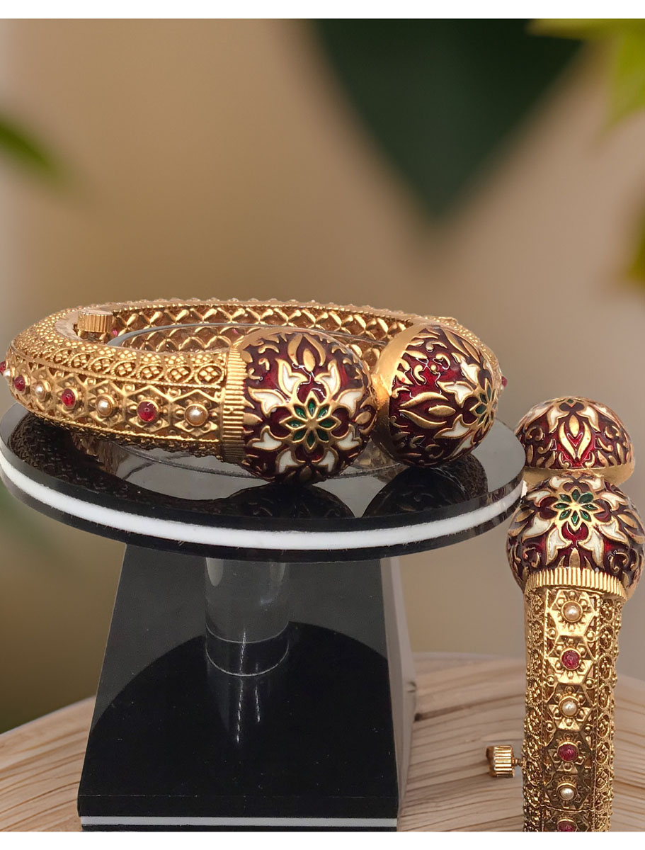 Rajasthani traditional culture inspired Matt Gold Finish Kada with beautiful Meenakari work