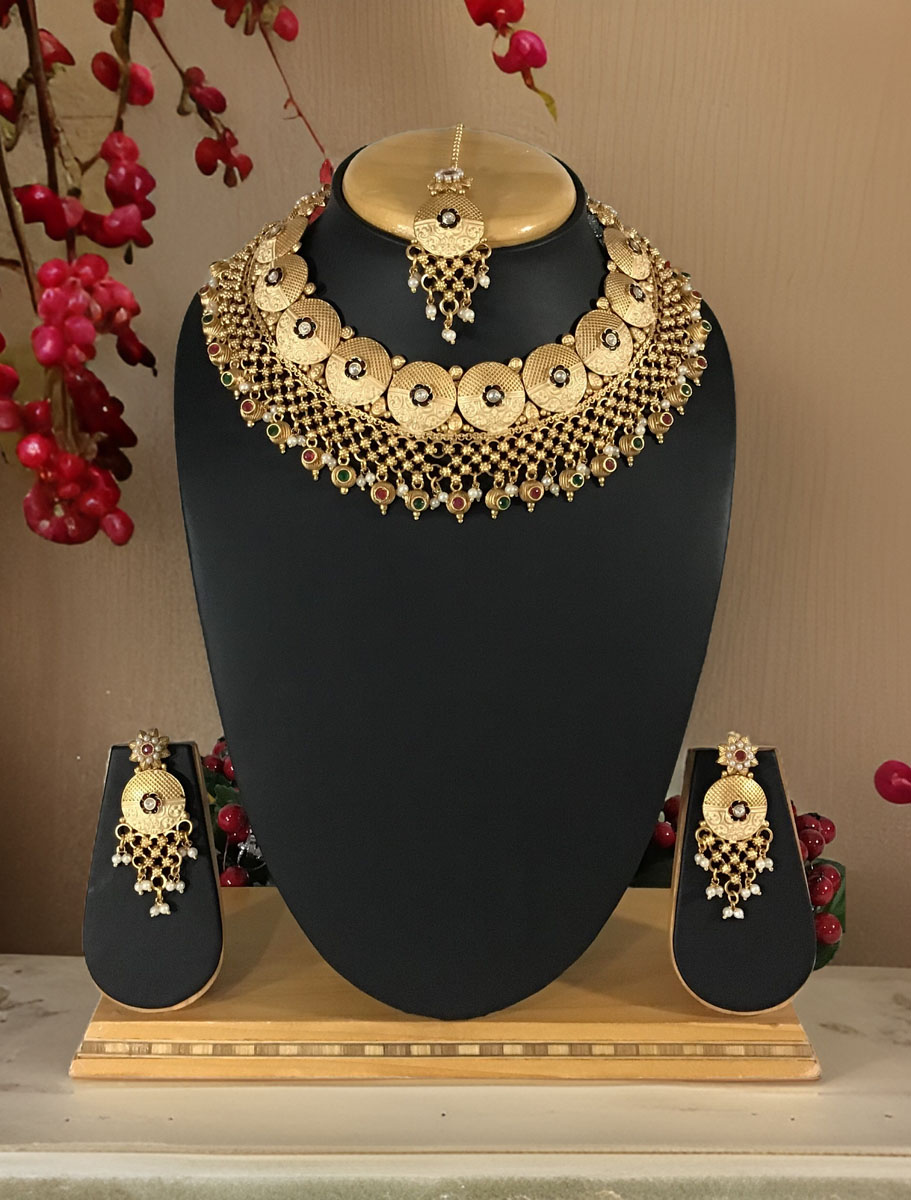 Beautifully Crafted Rajputi Style Gold plated Coin Shaped Choker Set with maangtika