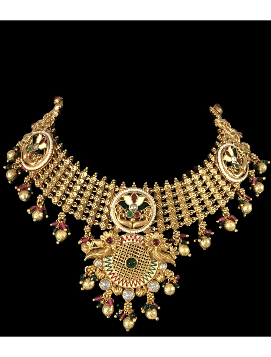 Antique gold finish rajwadi meenakari choker set with maangtika