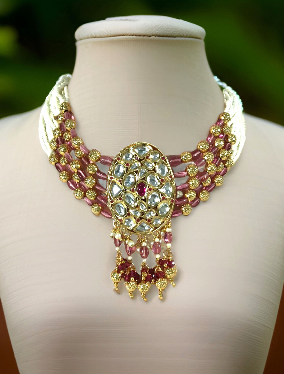 Kundan Choker Set Adorned With Pearls, Pastel Pink and Gold Beads