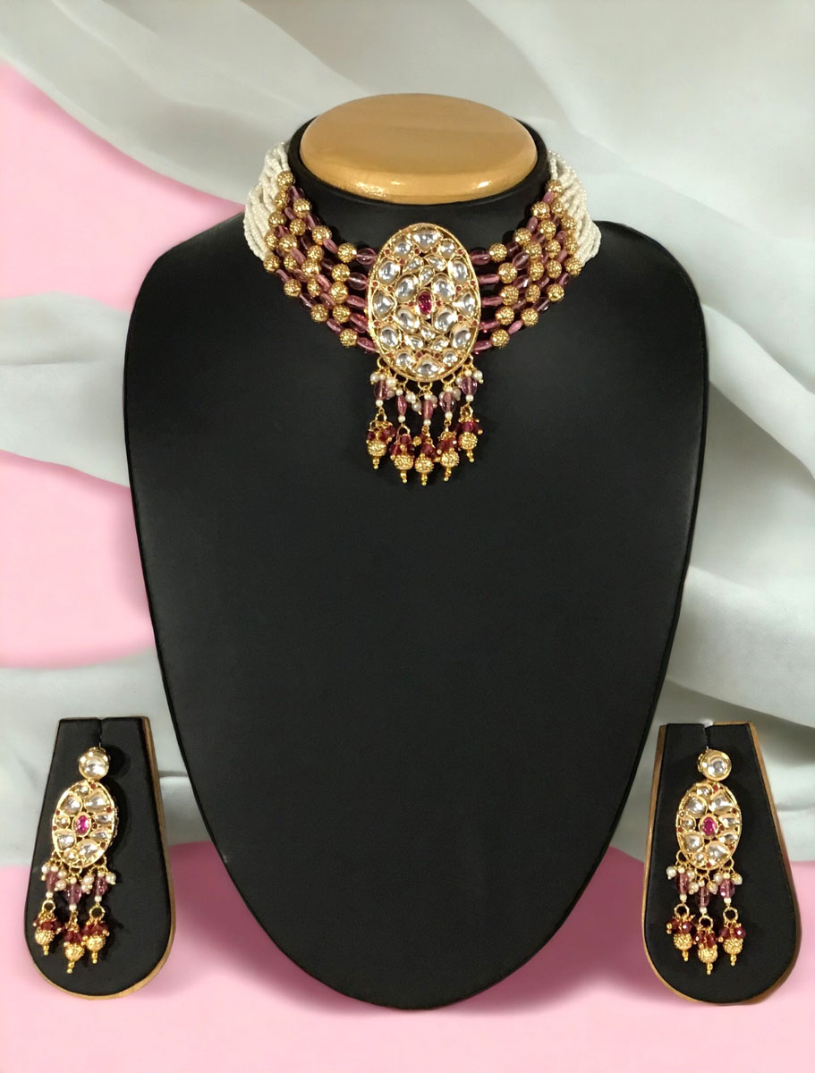 Kundan Choker Set Adorned With Pearls, Pastel Pink and Gold Beads