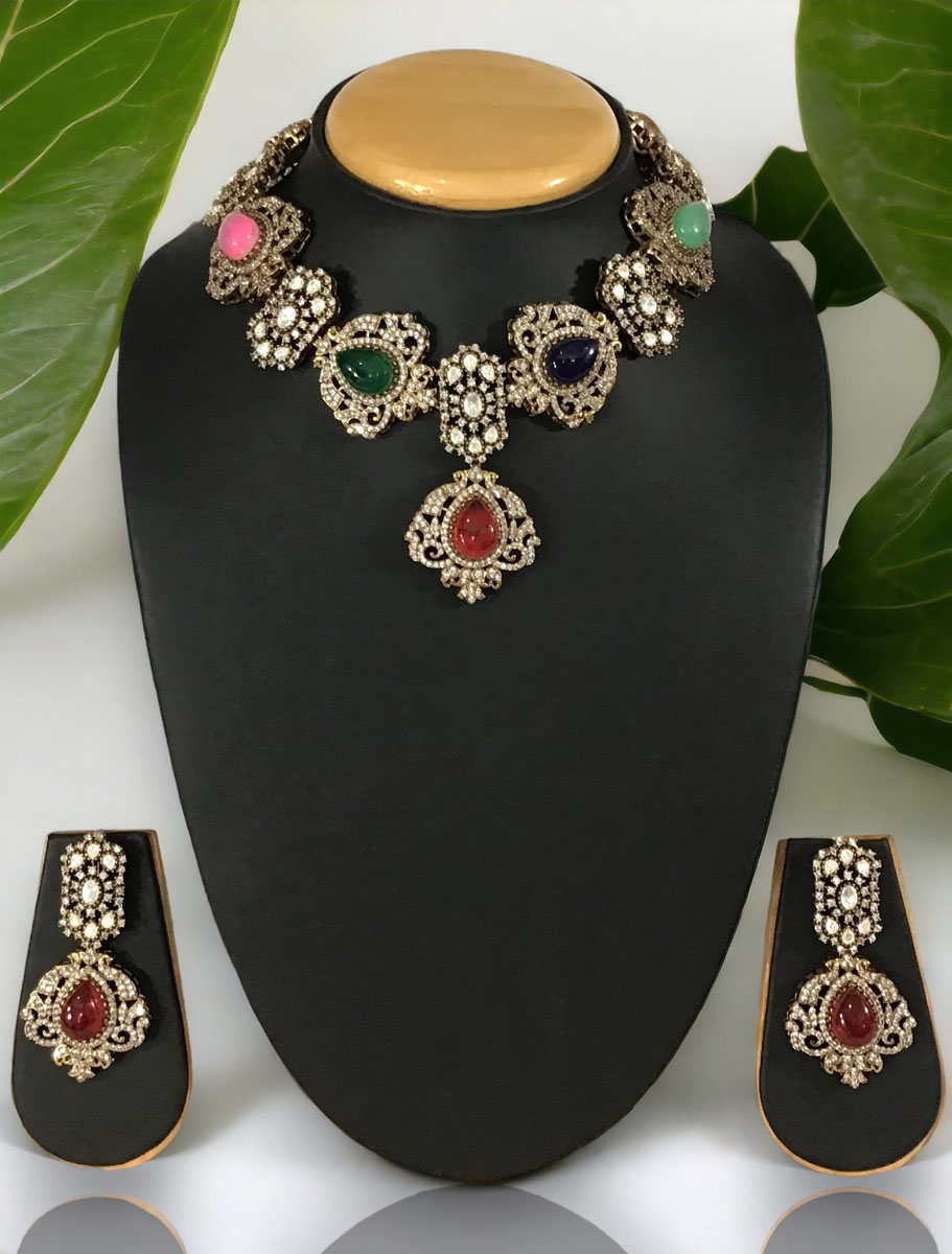 Sabyasachi Inspired Victorian Choker Style Necklace Set with Multicolor stones