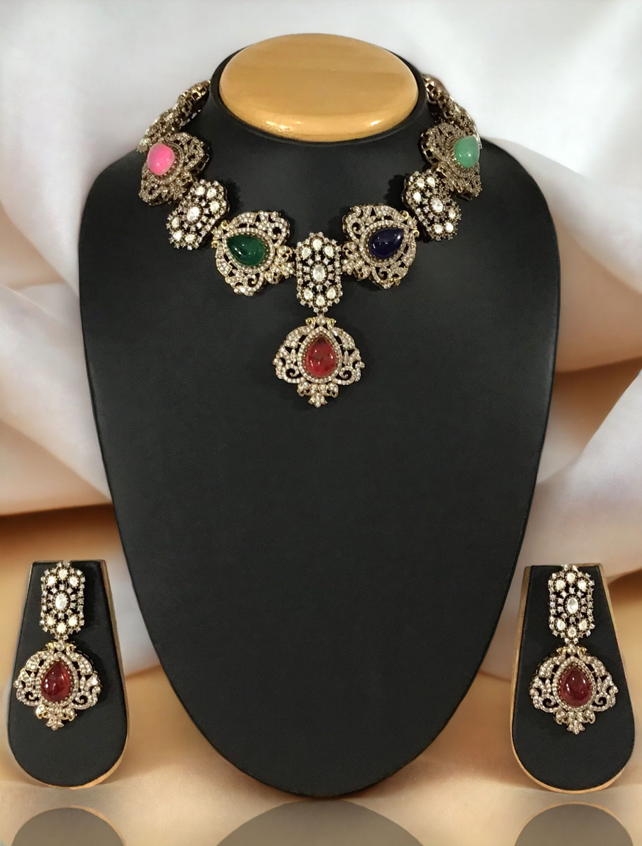 Sabyasachi Inspired Victorian Choker Style Necklace Set with Multicolor stones