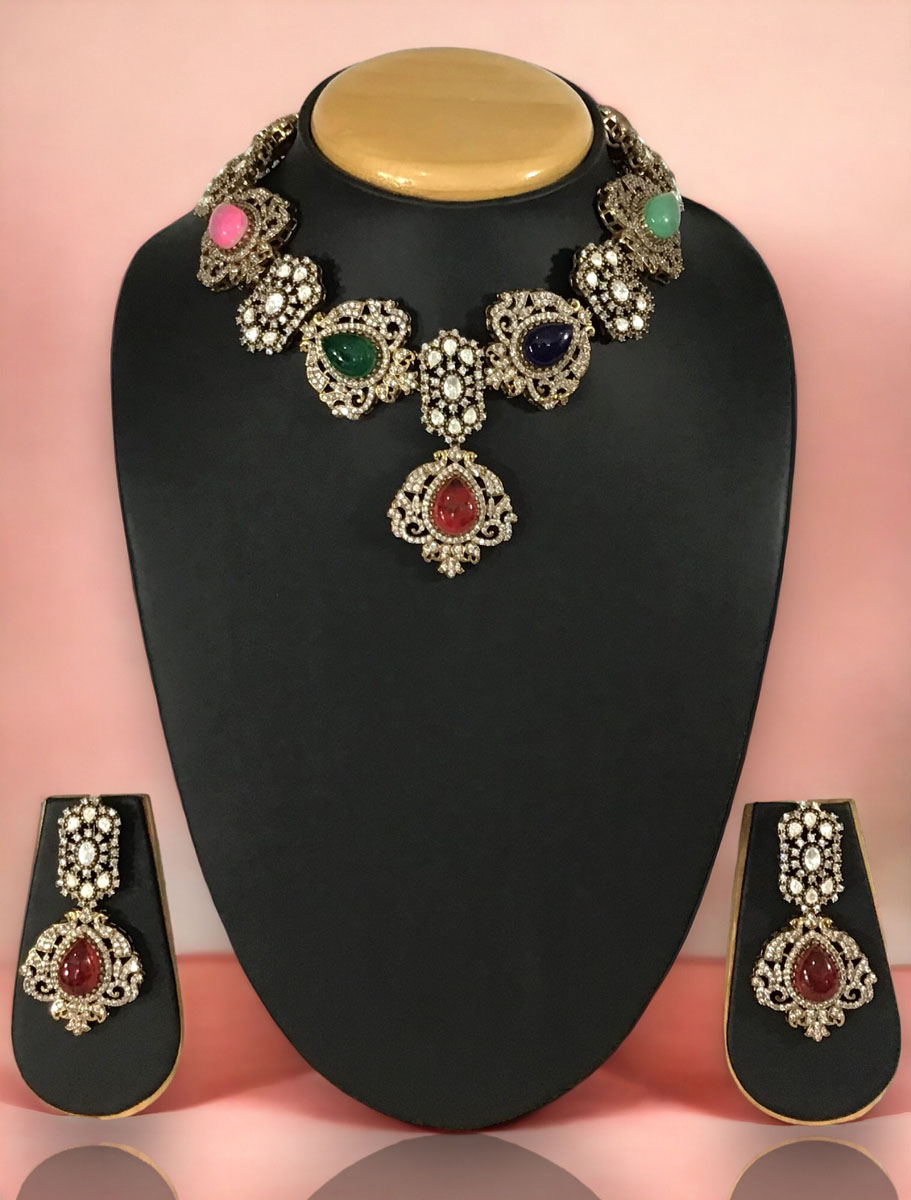 Sabyasachi Inspired Victorian Choker Style Necklace Set with Multicolor stones