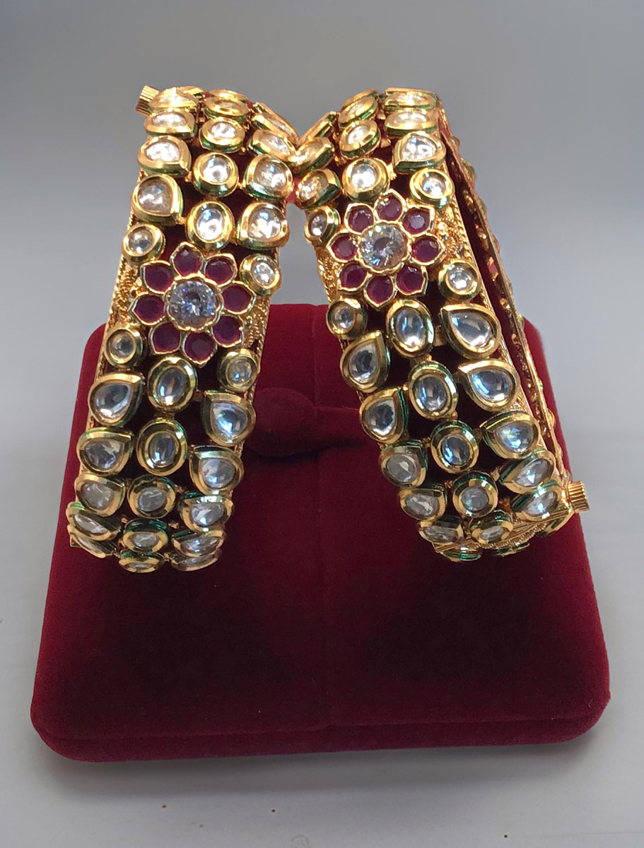 Premium Quality Kundan openable kada bracelet in Antique gold finish with Ruby stones