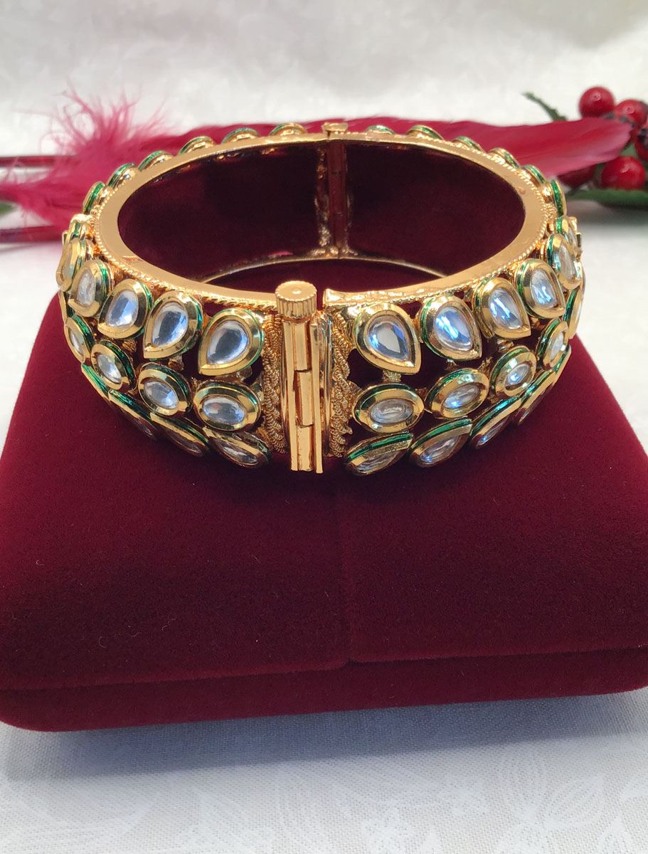 Premium Quality Kundan openable kada bracelet in Antique gold finish with Ruby stones