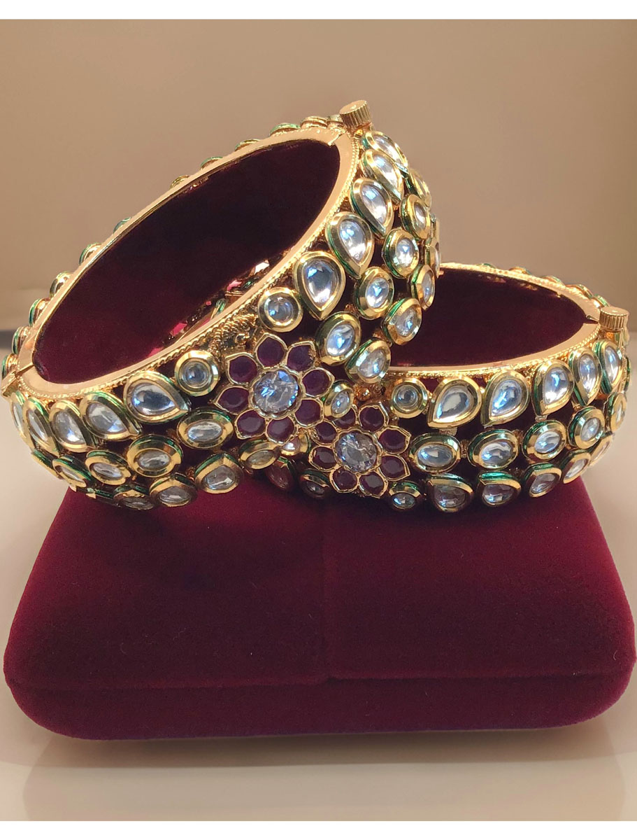 Premium Quality Kundan openable kada bracelet in Antique gold finish with Ruby stones