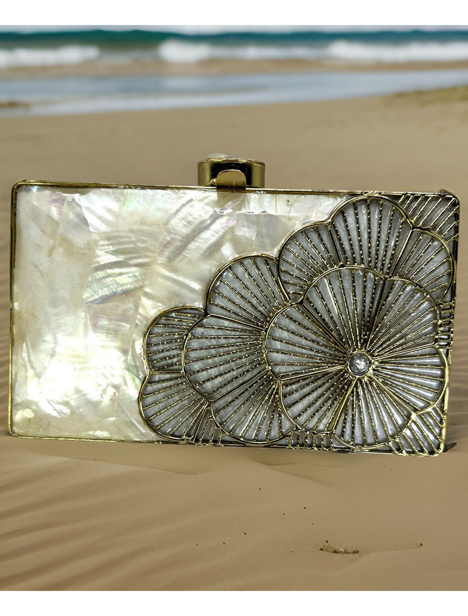 Golden Flower Embellished MOP Two Way Clutch Purse