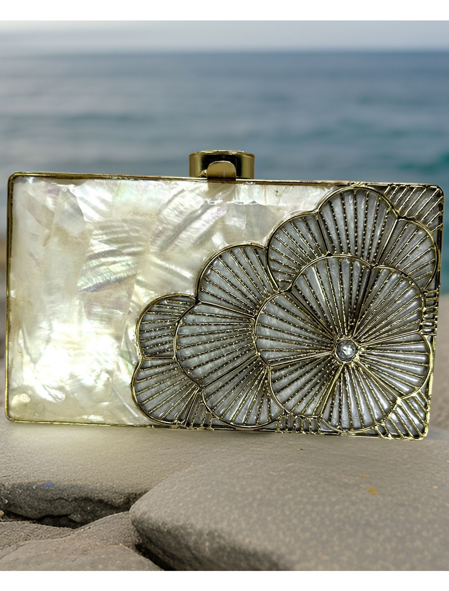 Golden Flower Embellished MOP Two Way Clutch Purse