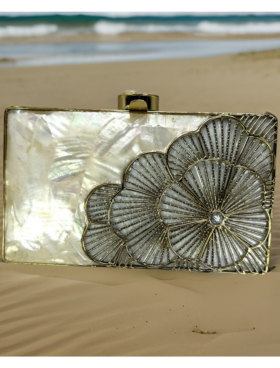 Golden Flower Embellished MOP Two Way Clutch Purse