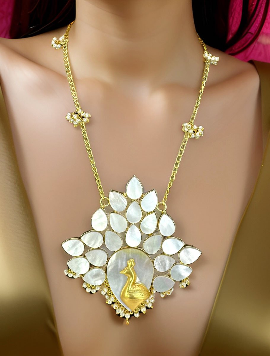 Bollywood Inspired Mother of Pearls Peacock Pendant Long Necklace