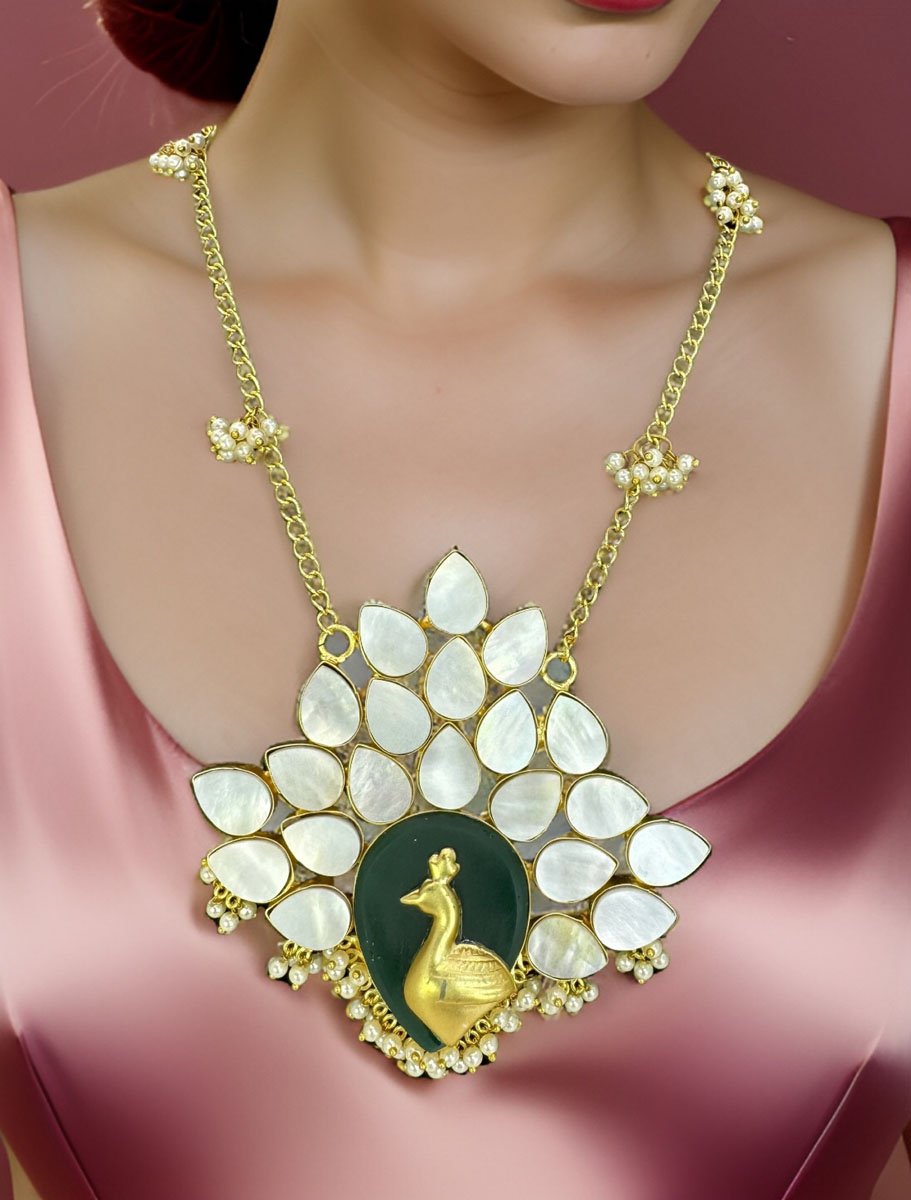 Bollywood Inspired Mother of Pearls Peacock Pendant Long Necklace