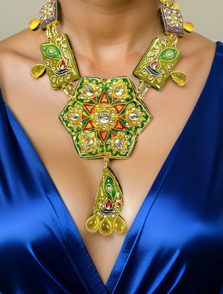 Rajwadi Handpainted Kundan Meenakari Necklace Set