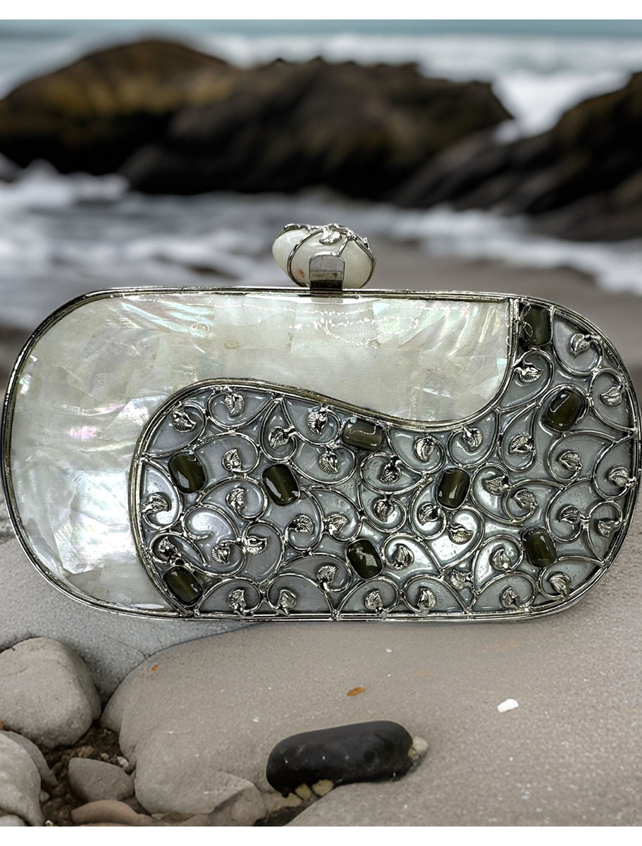 Stylish MOP Clutch Purse with Embellished Crystals