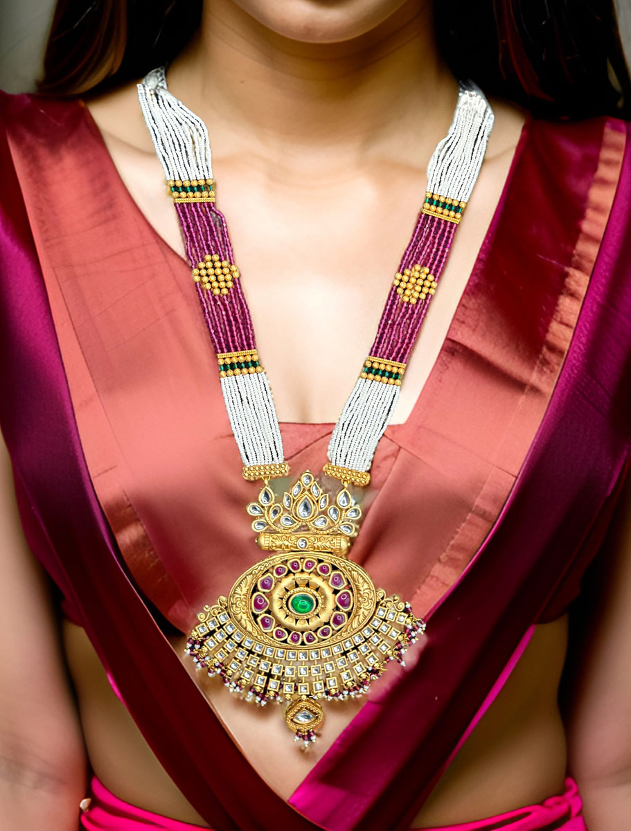 Rajwadi Polki Kundan Long Necklace Set