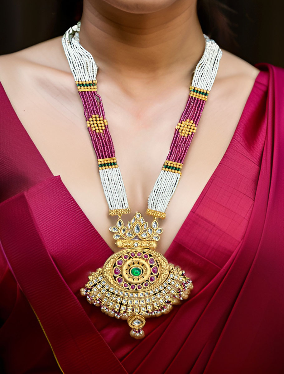 Rajwadi Polki Kundan Long Necklace Set