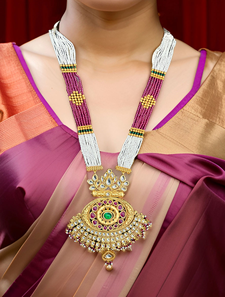 Rajwadi Polki Kundan Long Necklace Set