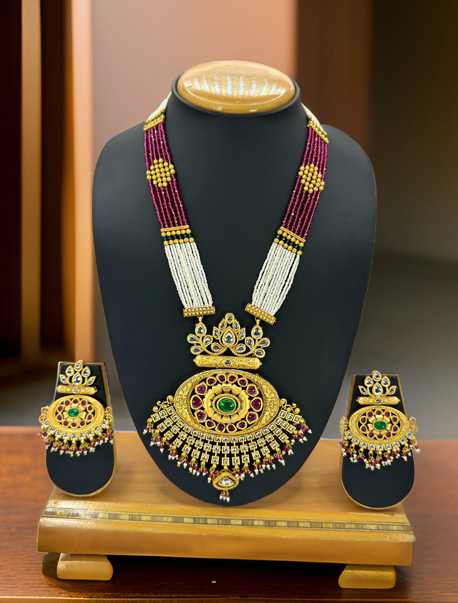 Rajwadi Polki Kundan Long Necklace Set