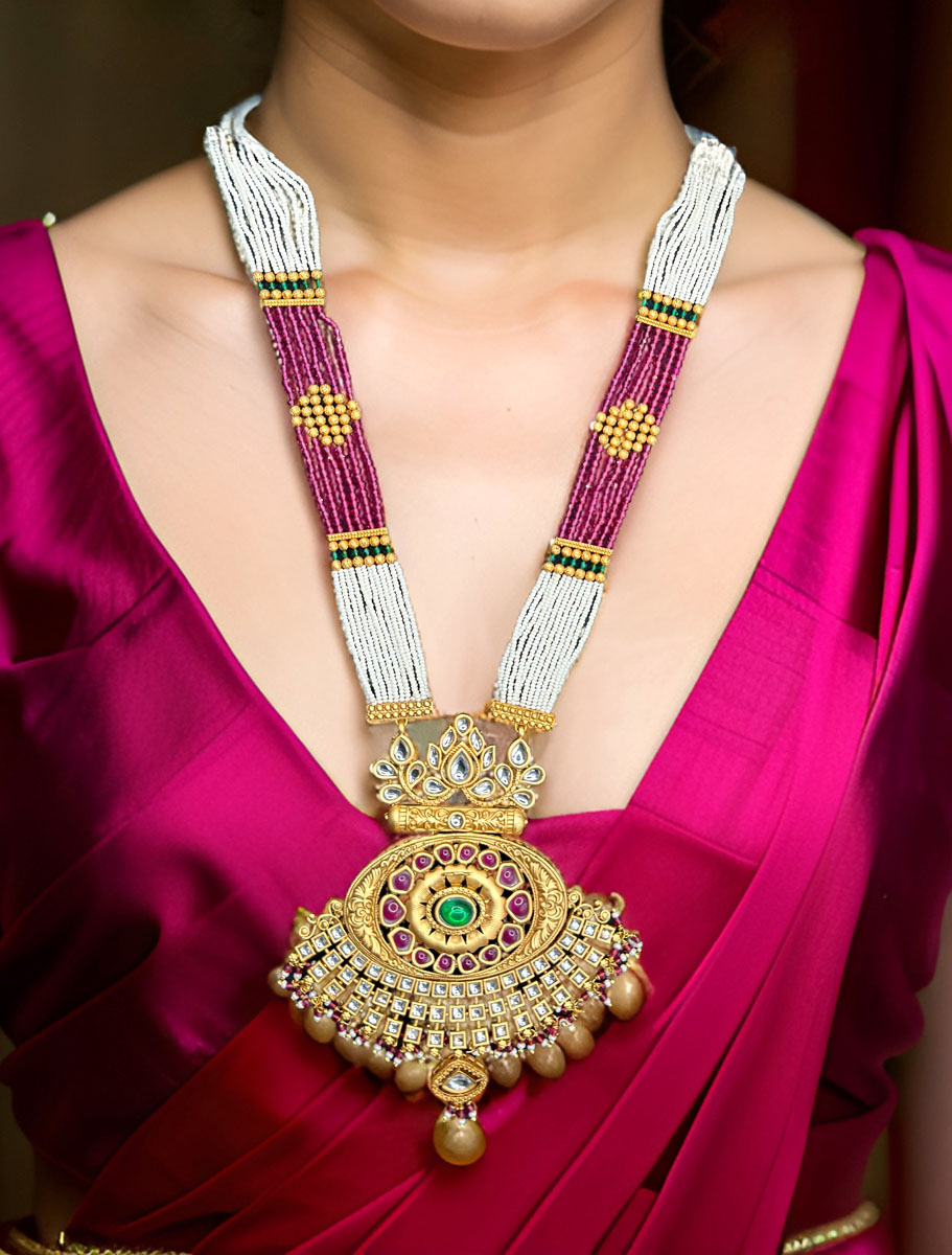 Rajwadi Polki Kundan Long Necklace Set