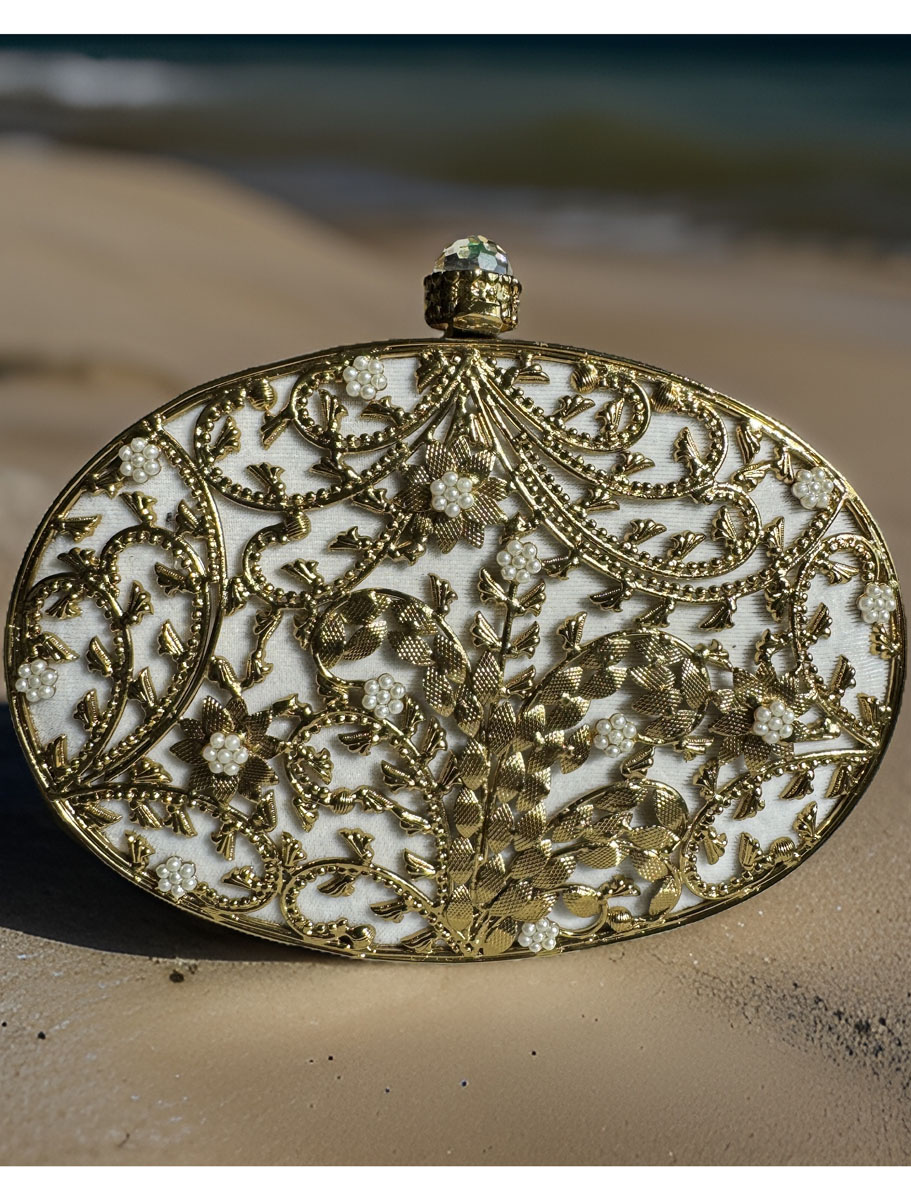 Gold Embellished Gazal Leaf Carved MOP Clutch