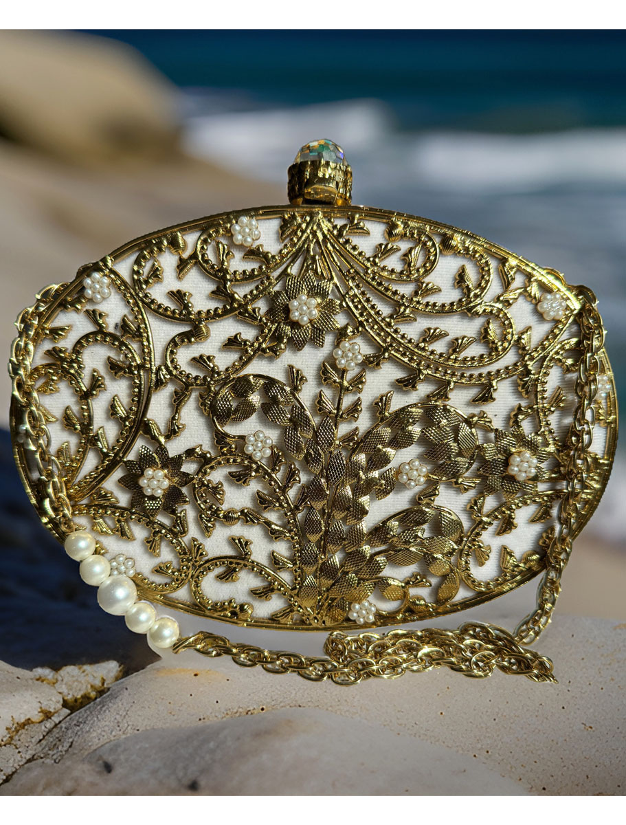 Gold Embellished Gazal Leaf Carved MOP Clutch