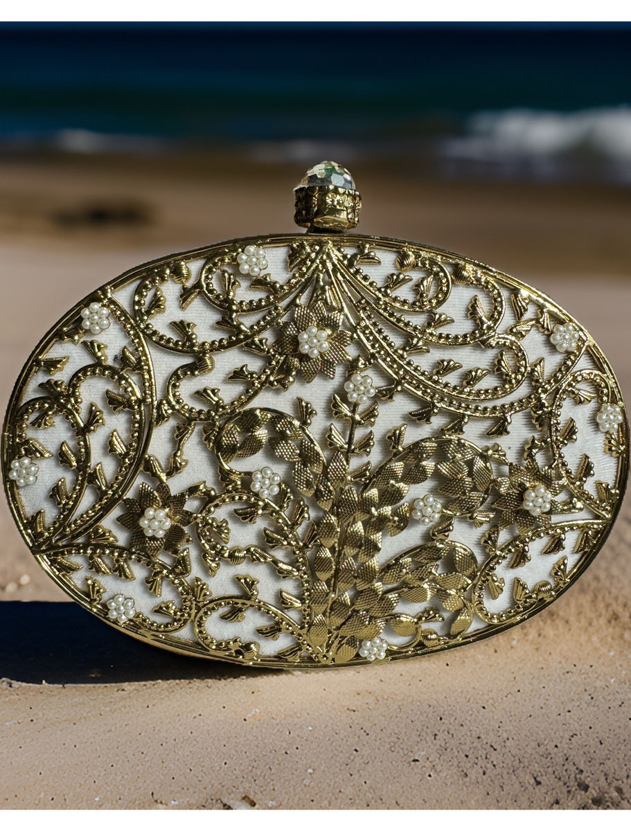 Gold Embellished Gazal Leaf Carved MOP Clutch